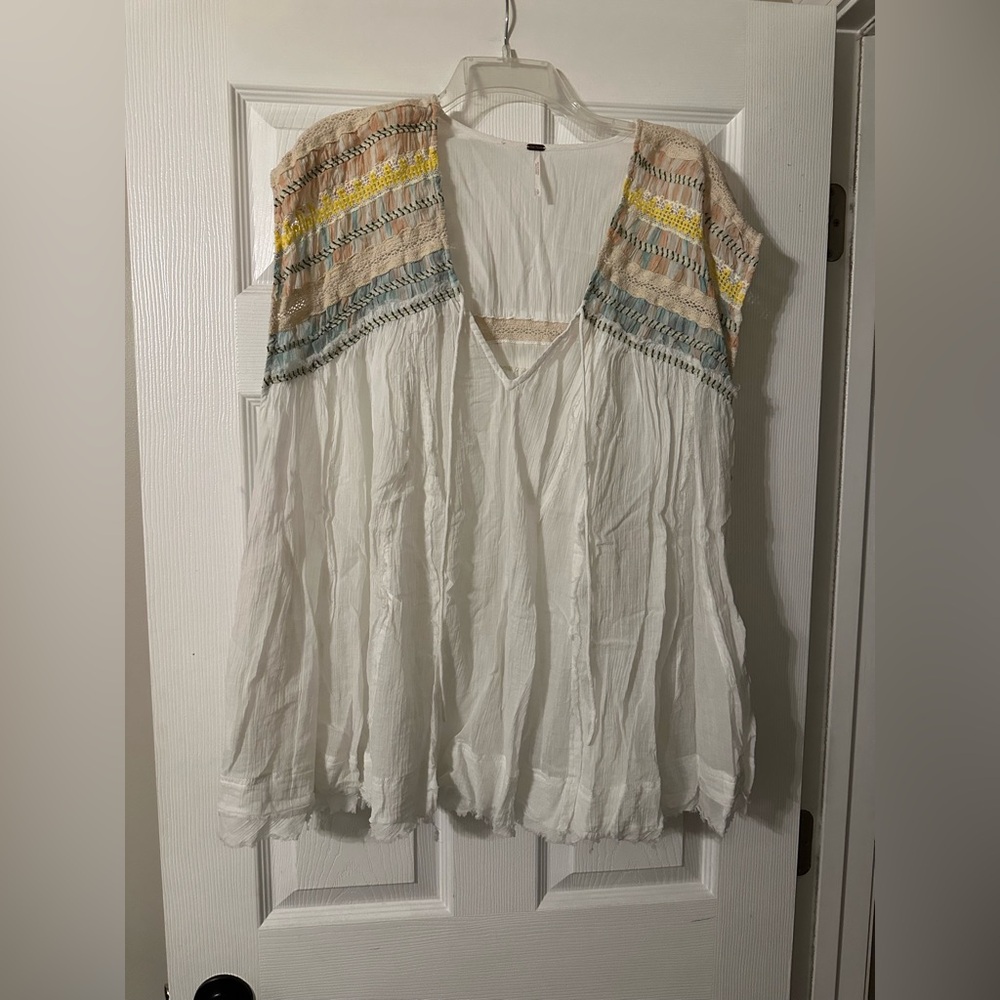 Free People White Blouse with Colorful Embroidery